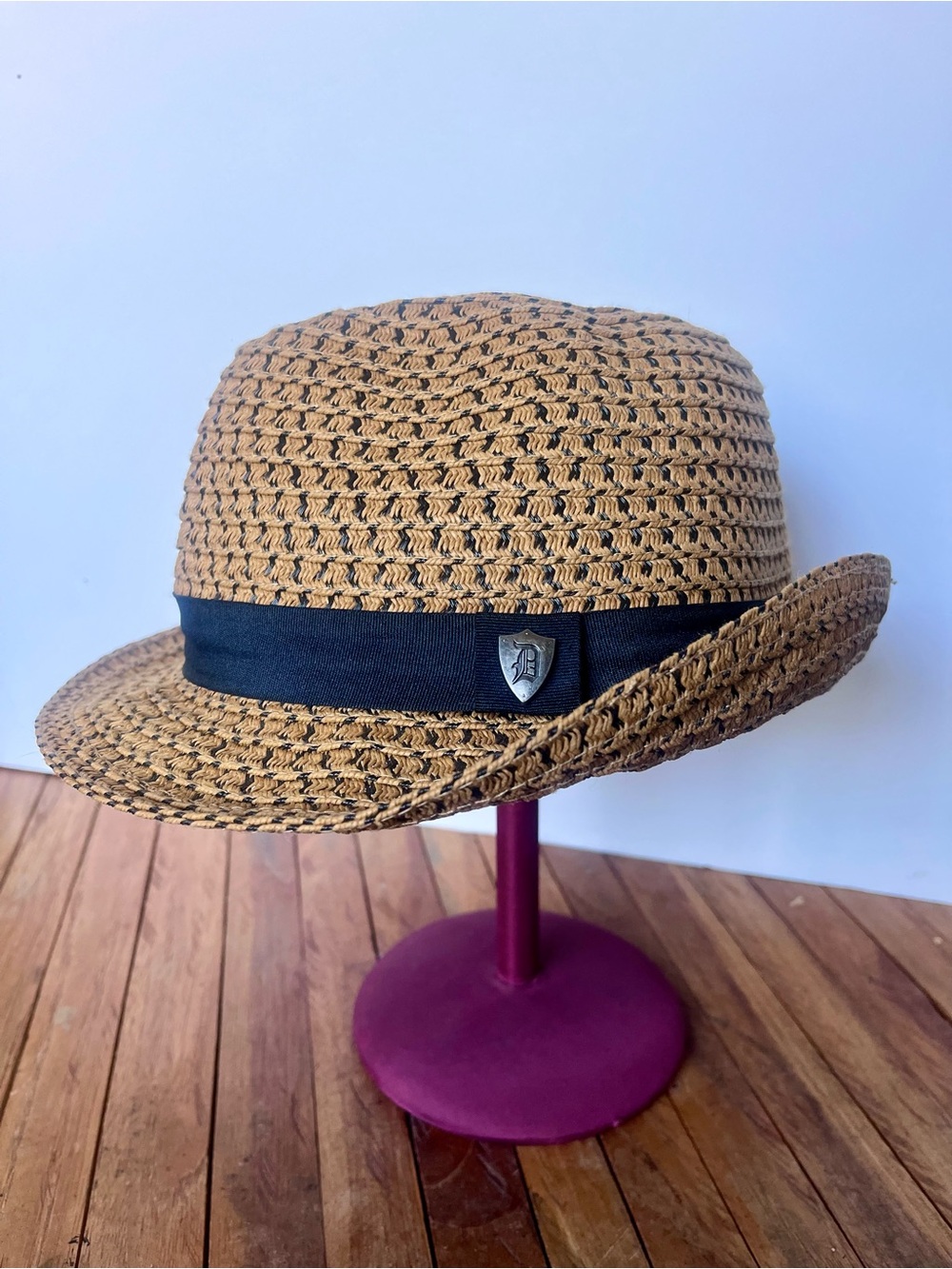 Men's Brown Straw Fedora with Black Band and Shield Accent